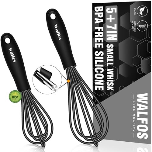 Walfos Whisk 5in & 7.5in Mini, Silicone Non-Scratch, Heat Resistant (480°F), BPA Free, Dishwasher Safe, Black