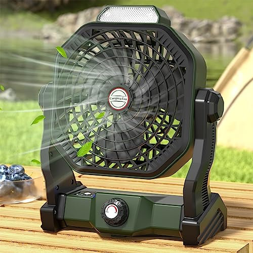 Ventola da campeggio per tenda, ventilatore portatile alimentato a batteria, 10400 mAh, ventilatore personale da scrivania con lanterna LED, per campeggio e viaggi a casa