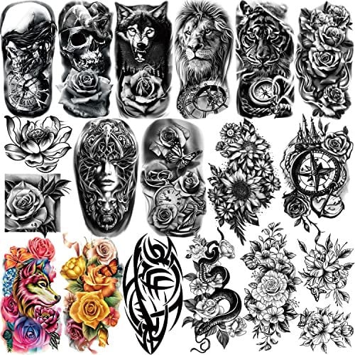 Yazhiji 77 Blatt Wasserdicht Temporäre Tätowierung für Mädchen oder Jungen Kinder 17 Blatt Halber Arm Wolf Tiger Löwe Gefälschte Tattoos für Männer oder Frauen Und 60 Blatt Kleine Blumenaufkleber