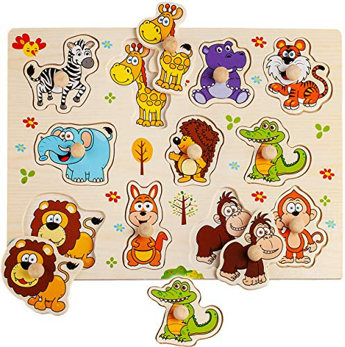 alles-meine.de GmbH Steckpuzzle mit Griff - Motivwahl - Tiere - Zootiere - aus Holz - 11 Teile - großes Holzpuzzle/Einlegepuzzle - Legespiel - Rahmenpuzzle/Kinderpuzzle - Gri..
