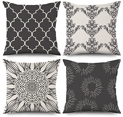ASDCXZ Boho Kissenbezug 40x40 cm 4er Set, Retro Datura Blume Muster Schwarz Beige Sofa Dekokissen Kissenbezüge Kissenhülle Waschbar Polyester Flachs Textil Polster Kopfkissenbezug Kissen Bezug