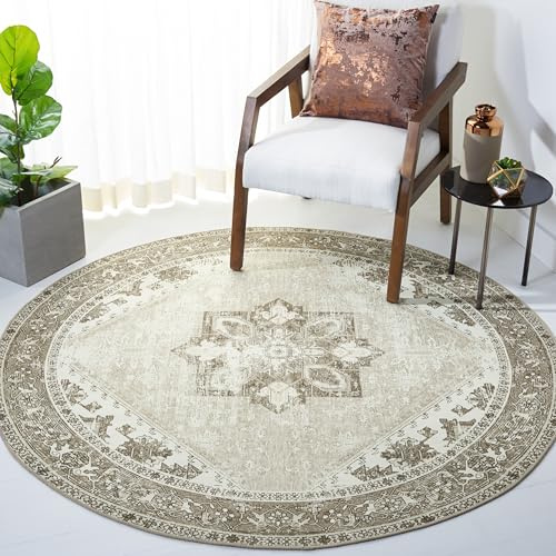 SAFAVIEH Traditionell Teppich für Maschinenwaschbar und rutschfest - Ideal für stark frequentierte Bereiche - Tucson Collection, Kurzer Flor, Salbei und Elfenbein, 244 X 244 cm