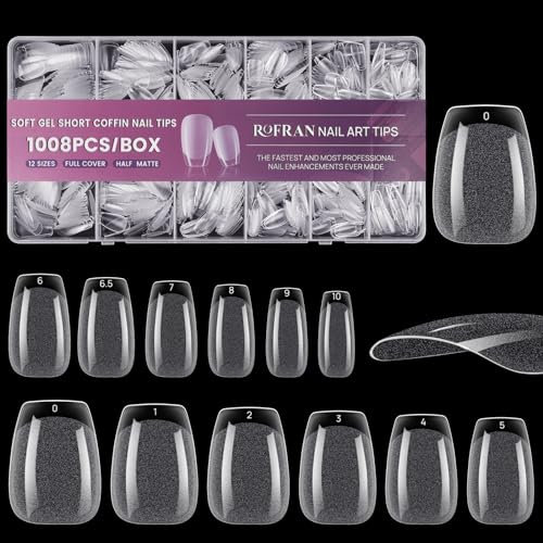 JUSTOTRY 1008 Pcs Gel Sarg Nageltips Kurz,Pre-shaped Half Matt Nagel Tips Set,Full Cover Nail Tips Coffin Klar für Frauen,Acryl Ballerina Künstliche Nägel Soft Gel Tips Nägel für Nails Art