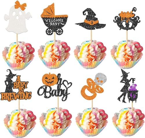 32 Stück Halloween Oh Baby Tortendeko A Baby is Brewing Cupcake Toppers Hexenhut Kürbis Gespenst Kuchen Deko für Happy Halloween Theme Party Baby Dusche Geburtstag Party Rosa Schwarz