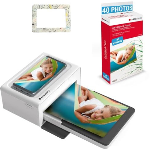 AGFA Photo Realipix Moments Printer Pack + Patronen und Papier für 40 Fotos + Hübscher Magnetrahmen - Bluetooth Photo Printing 10x15 cm, iOS und Android, 4Pass Thermal Sublimation - Weiß