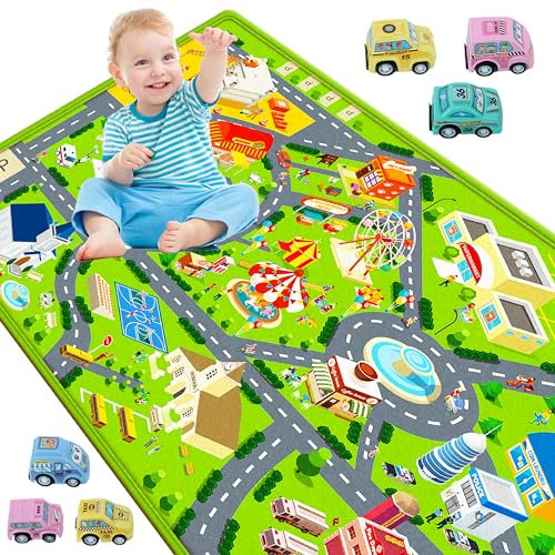 Doppelter Spielteppich Kinderzimmer 110x148cm, Autospielmatte mit 6 Autos, Große Bahnmatte Reisespielzeug, Pädagogischer Straßenteppich für Boden, Spielzimmer, Spielbereich