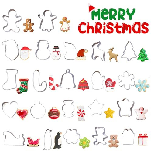 Ausstechformen Weihnachten,22 Stück Mini Keksausstecher Weihnachten aus Edelstahl – Lebkuchen, Baum, Schneeflocke, Zuckerstange, Weihnachtsmann, Schneemann, Rentier, Handschuhe und mehr