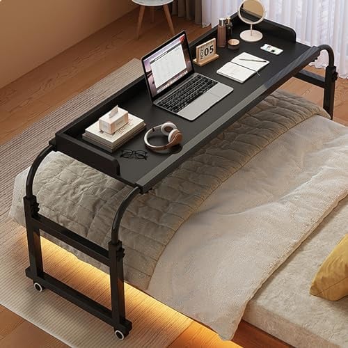 GXQFC Overbed Table with Wheels, Height Adjustable 65-95cm Computer Desk Standing Workstation Food Tray Desk Rolling Medical Table for Twin/Full/Queen/King Size Bed Frame(Color:Black)
