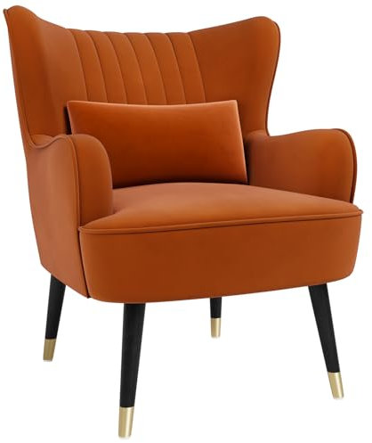 Vesgantti Velvet Accent Chair with Lumbar Pillow, Modern Wing Back Armchair Lounge Chair, Large Occasional Chair for Living Room Bedroom Study Room Office(Orange)