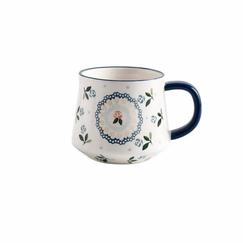 Qiuerte 1 tasse à café de 450 ml avec motif cerise/fleur bleue, tasse à petit déjeuner vintage en céramique pour voyage, école, bureau pour famille, amis (motif fleur bleue), COFFEE CUPS-040