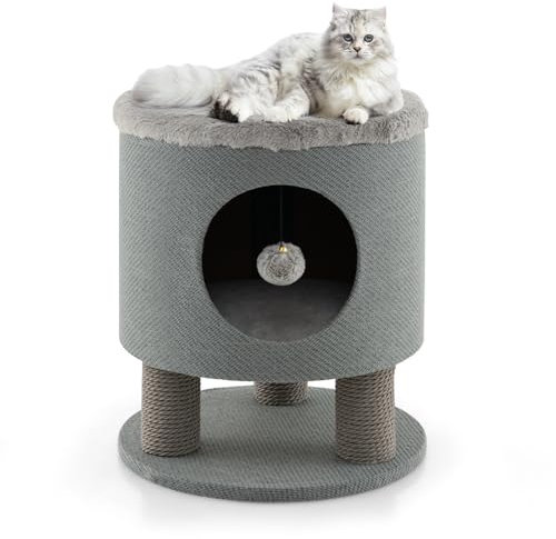 SOARS Kratztonne klein, Kratzbaum & Hocker, Katzenhöhle mit 3 Sisalstämmen & Spielball, Katzenbaum bis 60 kg belastbar, Katzenkratzbaum Katzenmöbel, 40 x 40 x 47 cm (Grau)