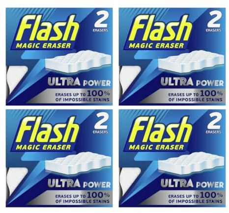 Flash Magic Eraser Sponge | Ultra Power Magic Sponge | Cleans Walls, Bathrooms, Kitchens, Countertops and even Sneakers | 4 x 2 Pack of sponges