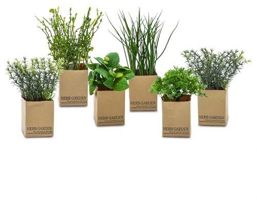 Spetebo Künstliches Kräuter Sortiment - 6er Set - Kunstpflanze mit Papier Blumentopf - Schnittlauch Petersilie Basilikum Minze Rosmarin Thymian Kunst Topf Pflanze Kunstblume Dekorpflanze