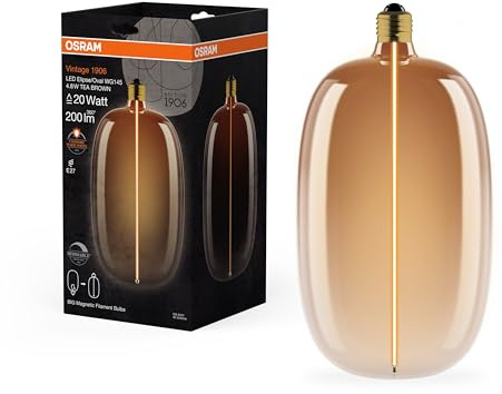 Osram Vintage 1906 Big Elipse Oval ist eine dimmbare LED-Lampe mit Filament in Ellipsenform. Sie bietet 4.8 W für 200 lm, E27 Fassung, Tea Brown Glas, 145 mm Durchmesser, CRI 80, 1800 K.