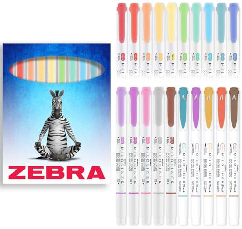 Zebra Pen Mildliner - Evidenziatori a doppia punta, punta larga e fine, confezione di colori in confezione regalo di cartone, inchiostro privo di acidi e atossico (confezione da 20 pezzi)