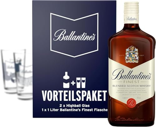 Ballantines Finest Vorteils-Paket, Blended Scotch Whiskey inklusive 2 High-Ball Whiskey-Gläsern, Geschenk-Set, Milder Blend aus Malt und Grain Whiskys, 1L