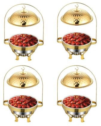4PCS Chafing Dishes for Buffet Set 4Qt /4.5L Stainless Steel Round Buffet Chafer Gold Hanging Lid Dining Stove Server and Warmer Set for Parties, Dinners, Catering and Weddings