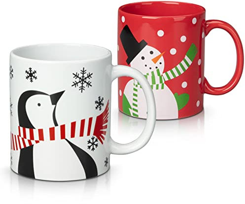 OPULENTHOME Set di 2 tazze natalizie in porcellana, per coppie, tazze di Natale, tazze d'amore, tazze da caffè, pupazzo di neve e pinguino, tazze in gres porcellanato, per vin brulé, punsch,