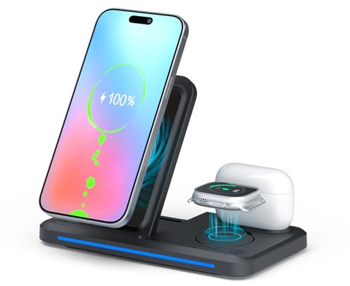 3 in 1 Wireless Charging Station,Wireless Charger Docking Station for iPhone 16/15/14/13/12/11 Pro Max Plus and Apple Watch 10/9/8/7/6/5, Charging stand for AirPods 4/3/2 Pro/Pro 2 with Lightning Port