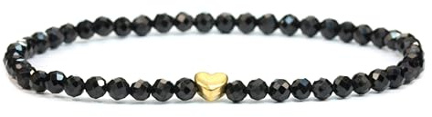 LAKADA Echtes Schwarzer Turmalin Edelstein Armband mit facettierten 4mm Perlen und Edelstahlherz Heilstein Schutzstein Edelsteinarmband Glücksbringer Talisman Geschenk (Schw. Turm., 15CM)