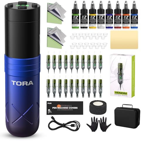 EZ Kit per Tatuaggi - Kit Macchina per Tatuaggi con Macchina per Tatuaggi Senza Fili, Alimentazione a Batteria 1600mAh, 20Pz Aghi per Tatuaggio per Gli Artisti del Tatuaggio (Tora Blu Viola)