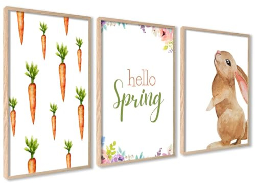 ag.art deco® 3er Set Poster 40x50cm Wanddeko Wohnzimmer Ideal als Geschenk | Easter Bilder mit Holz Rahmen Hase Frühling Ostern Decoration Bilder für Wohnzimmer Küche Arbeitszimmer Esszimmer, Flur