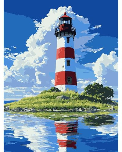 QENSPE Malen nach Zahlen Erwachsene, DIY Farbe Ölgemälde Set, Paint by Numbers Adult mit Farbe Leinen Leinwand mit Acrylfarbe und 3 Pinsel, Haus Wand Deko, 30x40cm - Leuchtturm Landschaft