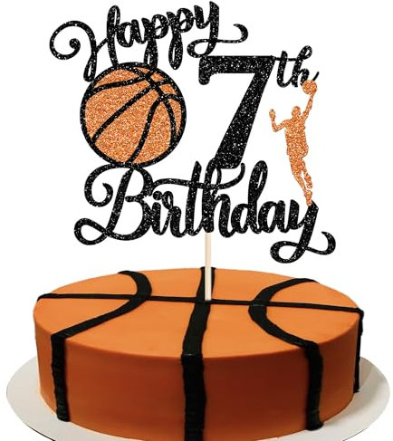 Xsstarmi 1 Pack Happy 7th Birthday Cake Topper Black Glitter Basketball Sports Cake Pick Cheers to 7 Years Cake Decorations for Basketball Theme Birthday Party Supplies