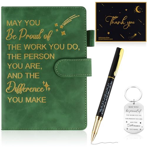 DASHUAIGE Employee Appreciation Gift Leather Notebook, Inspirational Keyring, Greeting Card and Pen Set Leaving Present Appreciation Gifts for Colleagues, Teachers, Friends, Office (Dark Green)