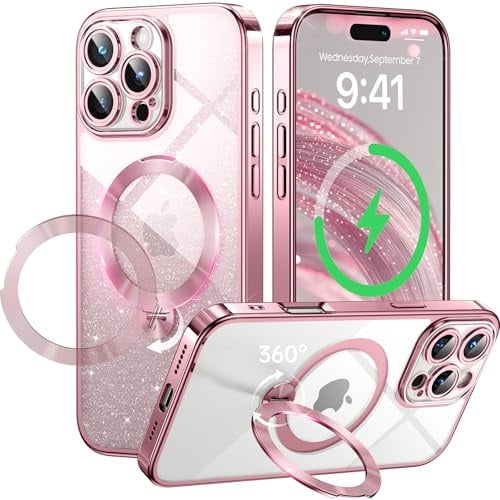 Peerock 360° Spin CD Stand for iPhone 16 Pro Case Compatible With Magsafe Ring [Never Yellow][DIY Glitter Cardstock] Camera Protection Plating Clear Cute Phone Case for Women Girls 6.3'', Pink