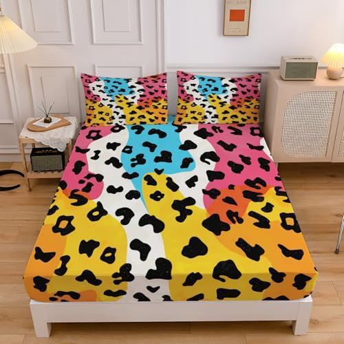 3D Spannbettlaken 140X200Cm Künstlerischer Stil Bettlaken Weiches Atmungsaktiv Spannbetttücher Regenbogen-Leopardenmuster Mikrofaser Spannbetttuch Tiefe Tasche 30 cm Mit 2 Kissenbezügen 80X80 cm
