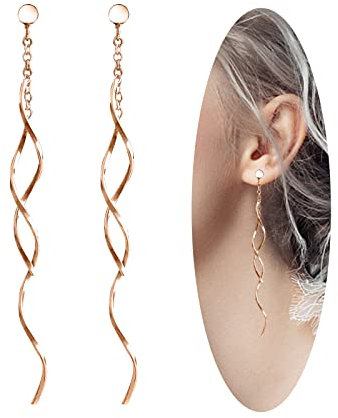 14K Gold Hoop Earrings for Women, Hypoallergenic Spiral Threader Dangle Earrings Fashion Jewelry, Gift for Women (Spiral-rose gold)