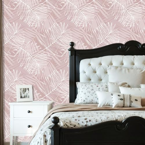 Peel and Stick Wallpaper Abstract tropical foliage pink rose blush colors Palm leaves line art Removable Wallpaper Contact Paper for Living Room Bedroom Bathroom Kitchen Countertop 60cm x 300cm