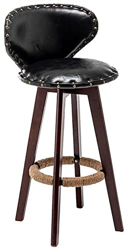 Retro Barhocker aus Holz für Küche & Esszimmer - Drehstuhl mit Rückenlehne, Messingnagelbesatz & Hanfseil Fußstütze, 60 cm Höhe, schwarzes Finish