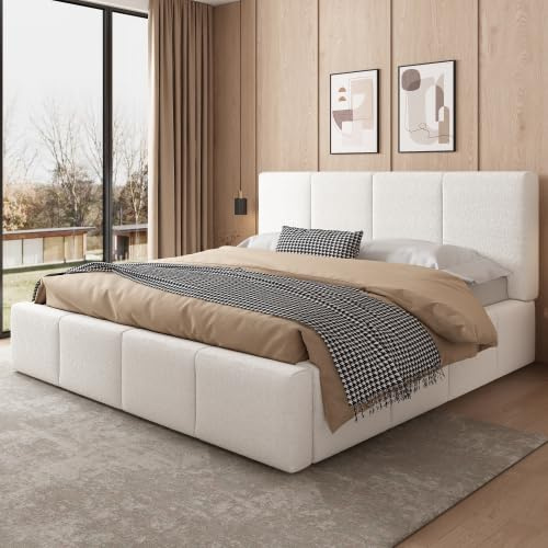 dowowdo Polsterbett 180x200cm | Doppelbett mit gepolstertem Bouclé-Kopfteil, inkl. Lattenrost, Beige, moderner Bettgestell für Schlafzimmer