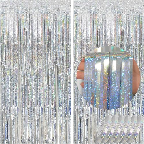 waziwe Lametta Vorhang Silber 2.5x1m (2 Stück), 6 Rollen Luftschlangen, Glitzervorhang Lametta Perfekt für Silvester, Karneval, Fasching, Hochzeit Deko und alle Arten von festlichen Dekorationen