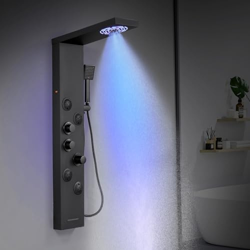 KINKIBOS Pannello doccia termostatico con 6 modalità, colonna doccia con LED pioggia e nebbia, 4 getti massaggianti, doccetta e beccuccio per vasca da bagno, in acciaio inox, nero opaco