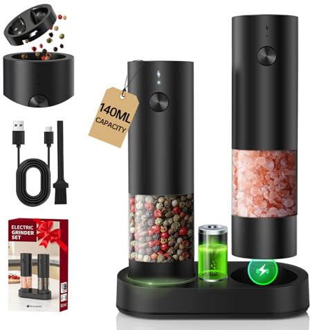 CIRCLE JOY Electric Salt and Pepper Grinder Set with Dual Charging Station | Rechargeable Pepper Mill with Adjustable Coarseness, Easy Filling 140ml Capacity with Led for Home Kitchen, Black