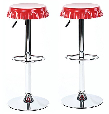 FurnitureR ltd Lot de 2 tabourets de Bar Couronne Bottlecap Assise Chrome Repose-Pieds Lounge réglable Chaise pivotante, Métal, Red, 41(L)*41(D)*59.5-80.5(H) CM
