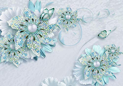 wandmotiv24 Fototapete Türkis Blüten Blumen, XL 350 x 245 cm - 7 Teile, Wanddeko, Wandbild, Wandtapete, Schmetterling, Schmuck, 3D Effekt M3811