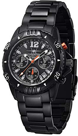FIREFOX Armband- Herrenuhr AIRFIGHTER Chronograph analog Quarz Edelstahl SCHWARZ Zifferblatt Sunray Black 10 ATM wasserdicht FFS02-102c