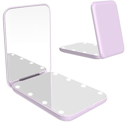 wobsion Compact Mirror, Small Travel Makeup Mirror with Light, LED Pocket Mirrors for Purse and Handbag, 1x/3x Magnifying Handheld Mirrors, Folding, Portable, Gifts for Women, Purple