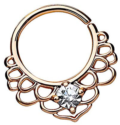 Taffstyle Piercing Continuous Ring Biegbarer Klemmring Lotus Tribal mit Kristall für Septum Brust Tragus Helix Nase Lippe Ohr Intim Rosegold