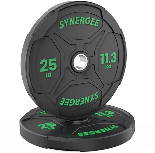 Synergee Cast Iron Weight Plates with 2” Opening for Bodybuilding, Olympic & Power lifting workouts. Metal Weight Plates 25lb Pair