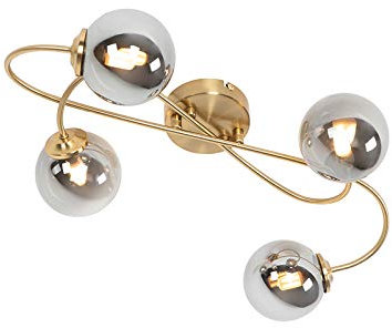 Qazqa - Landhaus I Vintage Moderne Deckenleuchte I Deckenlampe I Lampe I Leuchte Gold I Messing 4-flammig-Licht mit Rauchglas - Athen I Wohnzimmer I Schlafzimmer - Länglich - LED geeignet G9