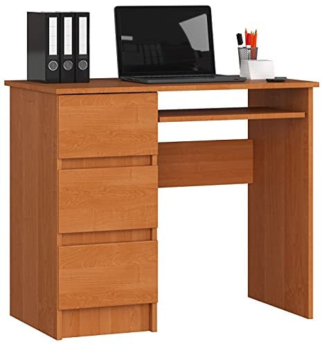 Scrivania A-6 Con Ripiano per Tastiera e 3 Cassetti a Sinistra o a Destra | Scrittoio per Ufficio | Scrivania per Computer PC Laptop| Salvaspazio | L90xH77xP50 cm 30 kg | Ontano