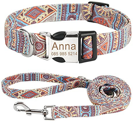 Piang Gouer Personalisierte Hundehalsband Vintage Böhmen Haustierhalsband Benutzerdefinierter Name und Telefonnummer Hundehalsband Tag Katzenhalsbänder für kleine mittelgroße Hunde(Orange-Set-L)