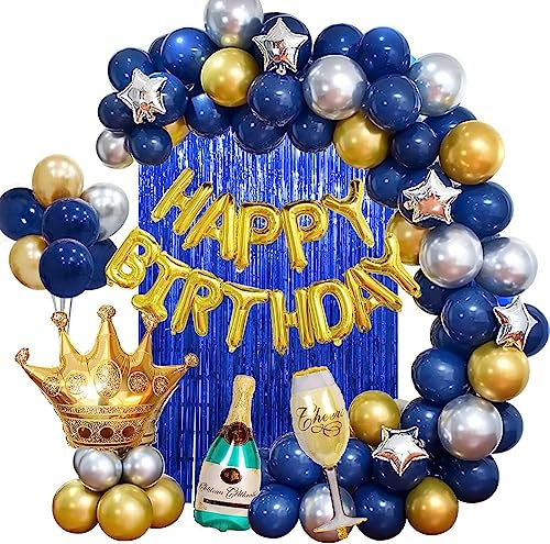 Geburtstagsdeko Mann Frauen Marineblau und Silber Golden,Happy Birthday Girlande Ballon Blau Metallische Lametta Vorhänge Hintergrund für Erwachsene Männer 18. 30. 40. 50. 60. Geburtstag Deko