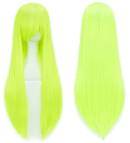 IMISSU 80 cm langes glattes Naturhaar Cosplay Perücken mit Pony Bunt Halloween Kostüm Party Perücke Haarverlängerungen (Fluoreszierend Grün)