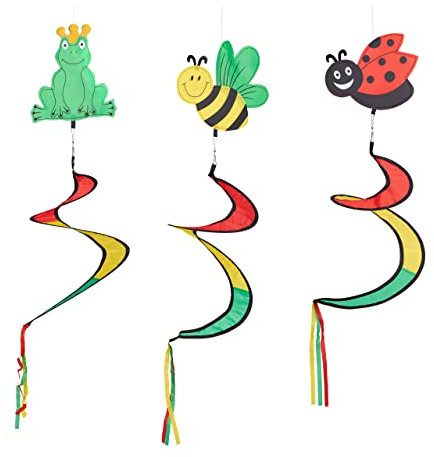 Relaxdays Windspiel Spirale, 3er Set, Tiermotive, Deko-Windspiel für draußen, hängend, Windfahne Garten & Balkon, bunt